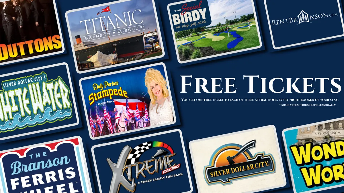 An inviting interior scene featuring a display with 'Free Tickets' text and various attraction logos, capturing the excitement and abundance of entertainment options available in Branson. This image hints at the ease of accessing top local attractions from the property.